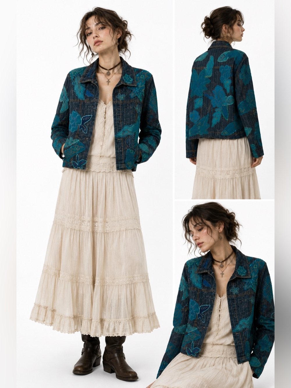 Chicos Floral Texture Appliqué Denim Jacket Women SZ 2 Eclectic Granny Lagenlook